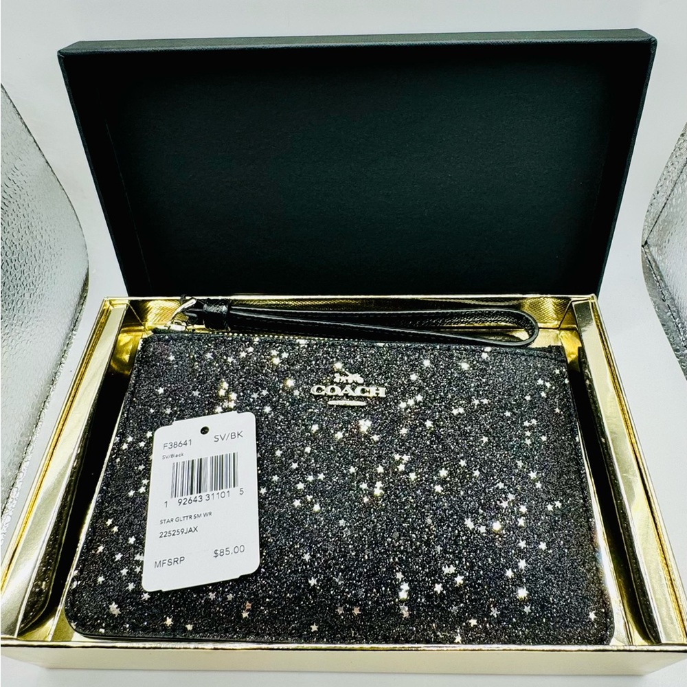 Coach Wristlet Black Glitter New With Tags And Original Box